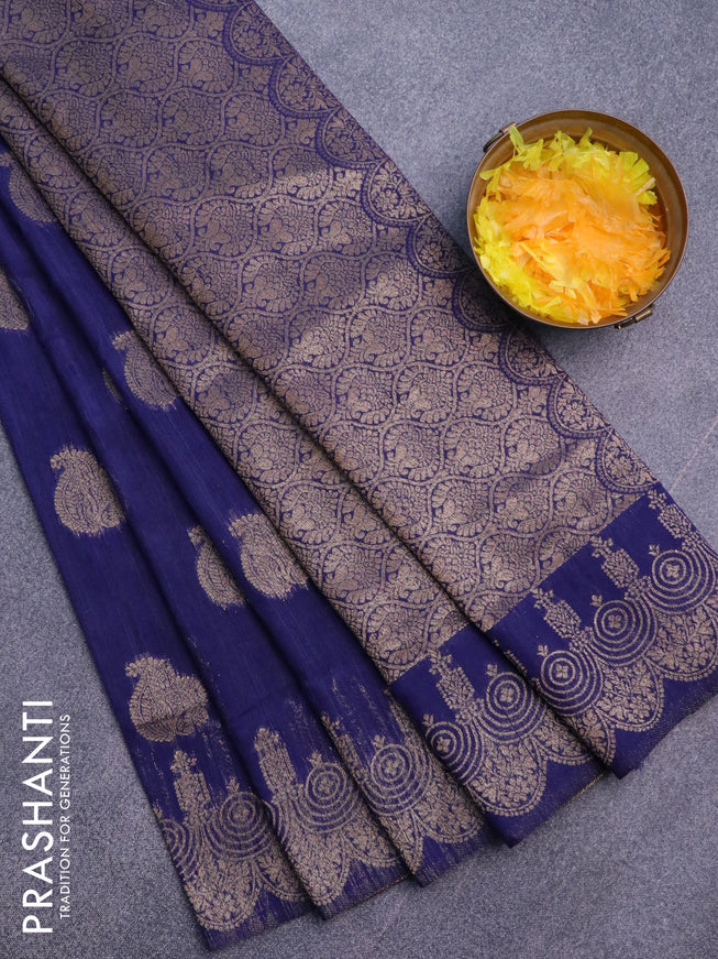 Banarasi semi matka silk saree navy blue with zari woven buttas and zari woven border