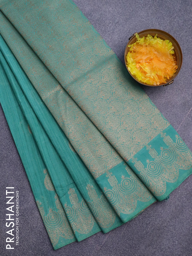 Banarasi semi matka silk saree teal green shade with zari woven buttas and zari woven border