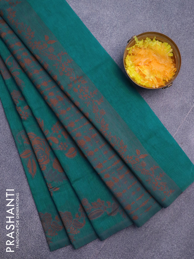 Banarasi semi matka silk saree teal blue with allover thread weaves in borderless style