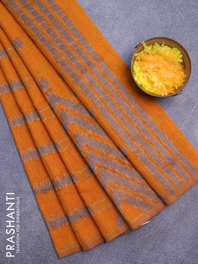 Banarasi semi matka silk saree dark mustard with allover thread weaves in borderless style