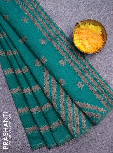 Banarasi semi matka silk saree teal green with allover thread weaves in borderless style