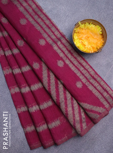 Banarasi semi matka silk saree wine shade with allover thread weaves in borderless style