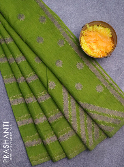 Banarasi semi matka silk saree mehendi green with allover thread weaves in borderless style