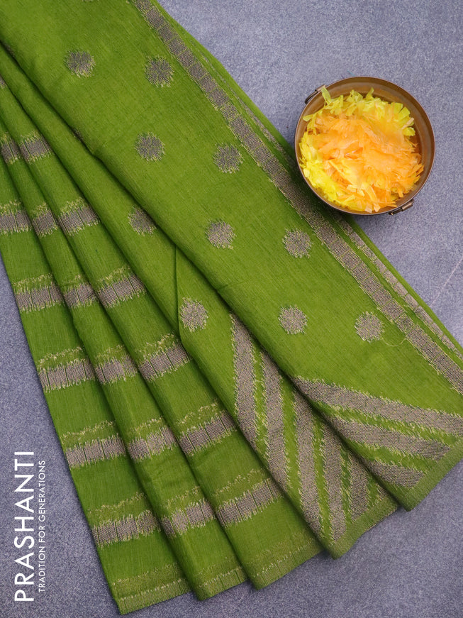 Banarasi semi matka silk saree mehendi green with allover thread weaves in borderless style