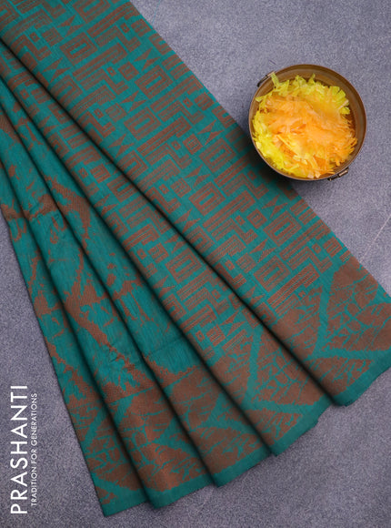 Banarasi semi matka silk saree teal green and brown with allover thread weaves and woven border