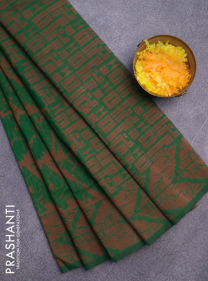 Banarasi semi matka silk saree green and brown with allover thread weaves and woven border