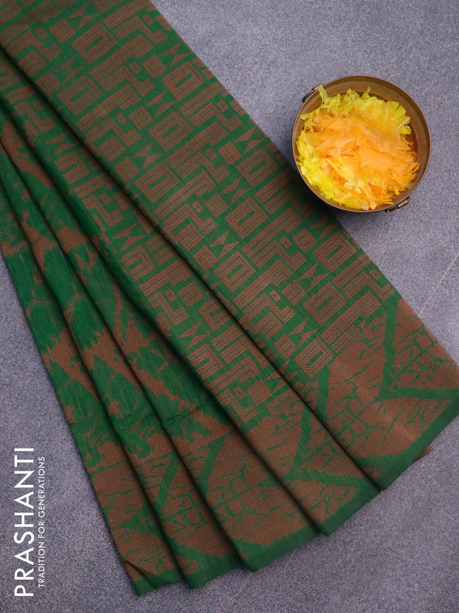 Banarasi semi matka silk saree green and brown with allover thread weaves and woven border