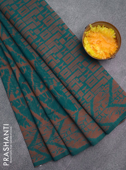 Banarasi semi matka silk saree teal blue and brown with allover thread weaves and woven border