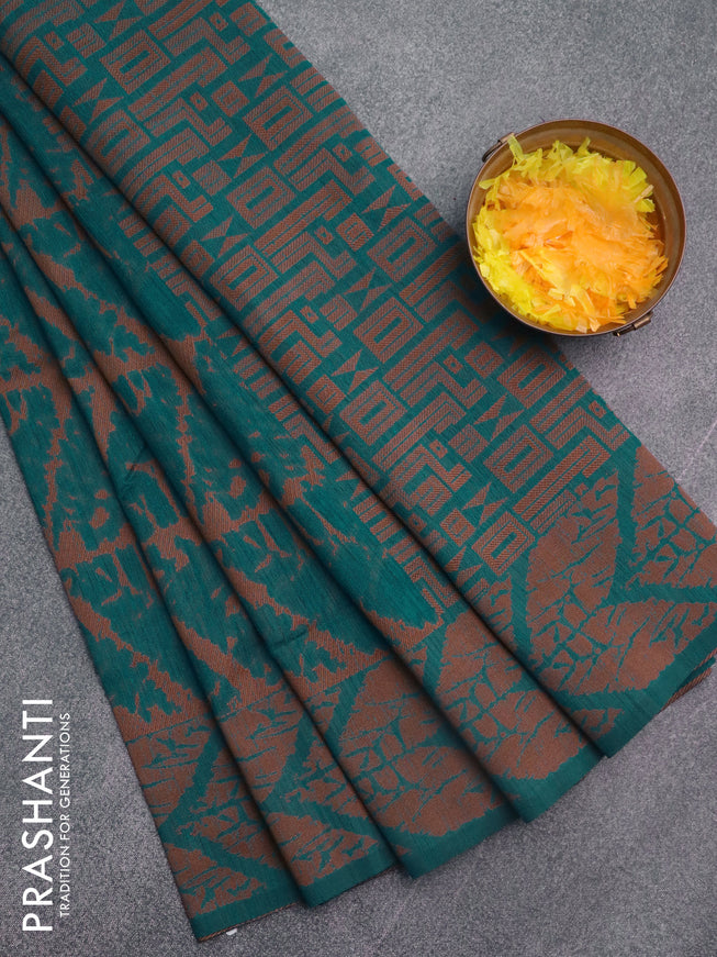 Banarasi semi matka silk saree teal blue and brown with allover thread weaves and woven border