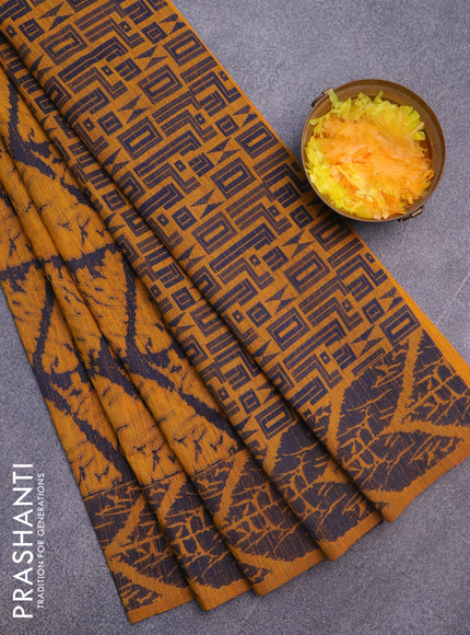 Banarasi semi matka silk saree mustard yellow and blue with allover thread weaves and woven border