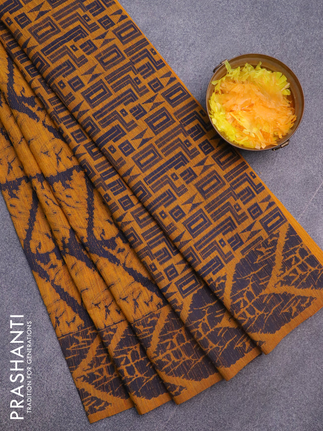 Banarasi semi matka silk saree mustard yellow and blue with allover thread weaves and woven border