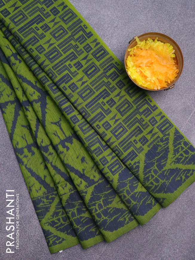 Banarasi semi matka silk saree lime green and blue with allover thread weaves and woven border