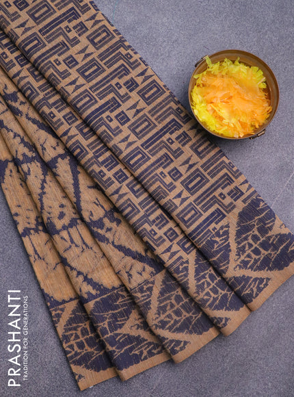 Banarasi semi matka silk saree sandal and dark blue with allover thread weaves and woven border