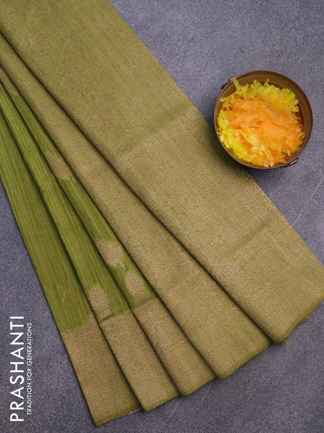 Banarasi semi matka silk saree mehendi green with zari woven buttas and zari woven border