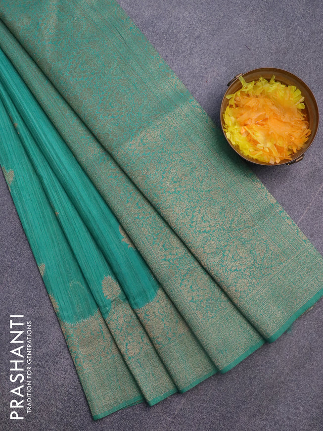 Banarasi semi matka silk saree teal green with zari woven buttas and zari woven border