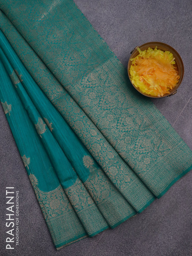 Banarasi semi matka silk saree teal blue with zari woven buttas and zari woven border