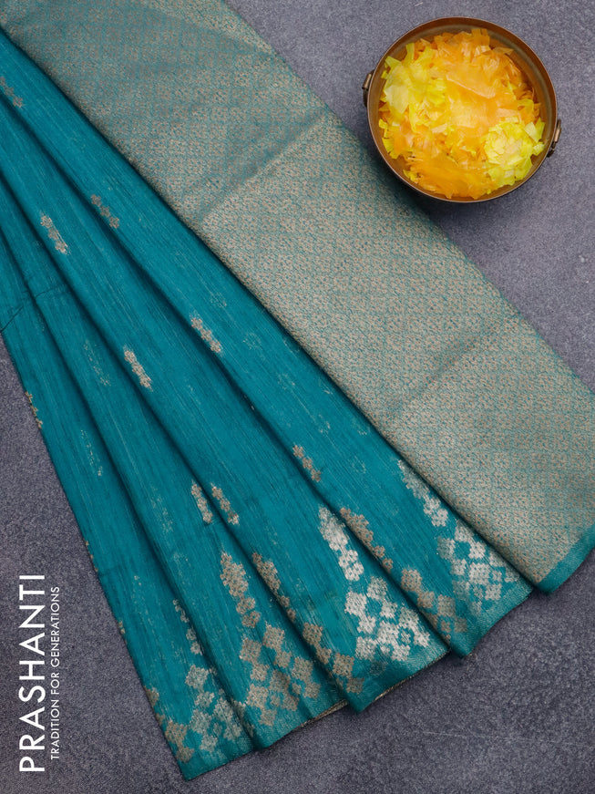 Banarasi semi matka silk saree teal blue shade with zari woven buttas and zari woven border