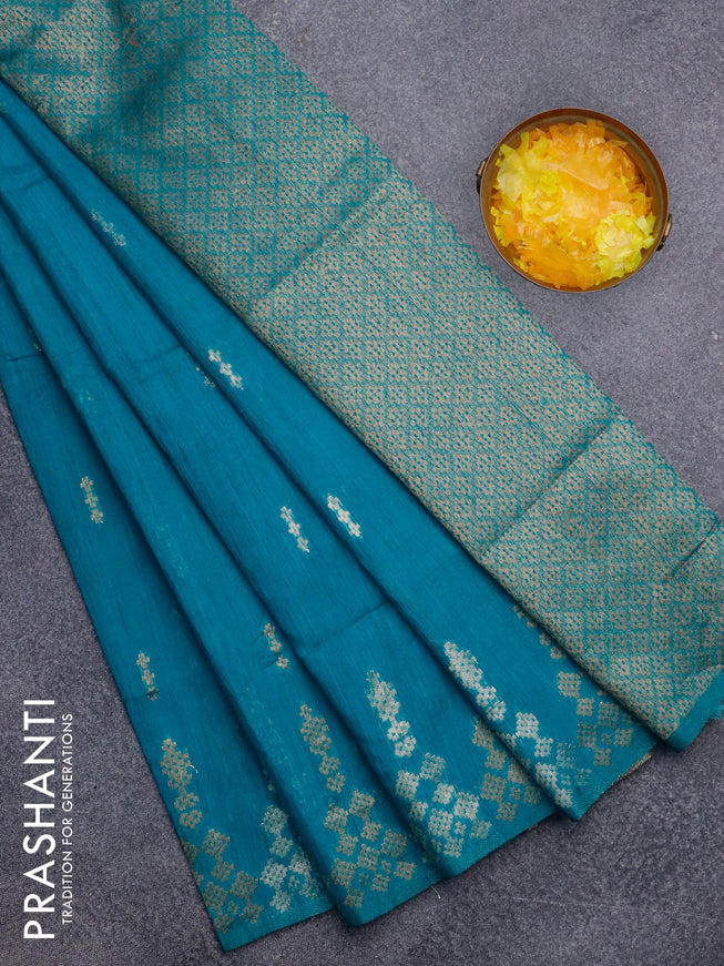 Banarasi semi matka silk saree teal blue with zari woven buttas and zari woven border