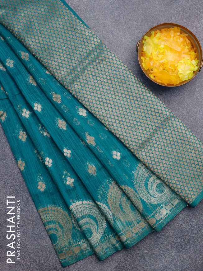 Banarasi semi matka silk saree teal blue shade with allover zari woven geometric buttas and zari woven border