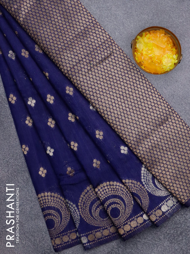 Banarasi semi matka silk saree navy blue with allover zari woven geometric buttas and zari woven border