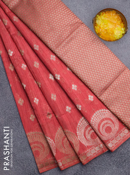 Banarasi semi matka silk saree peach red shade with allover zari woven geometric buttas and zari woven border