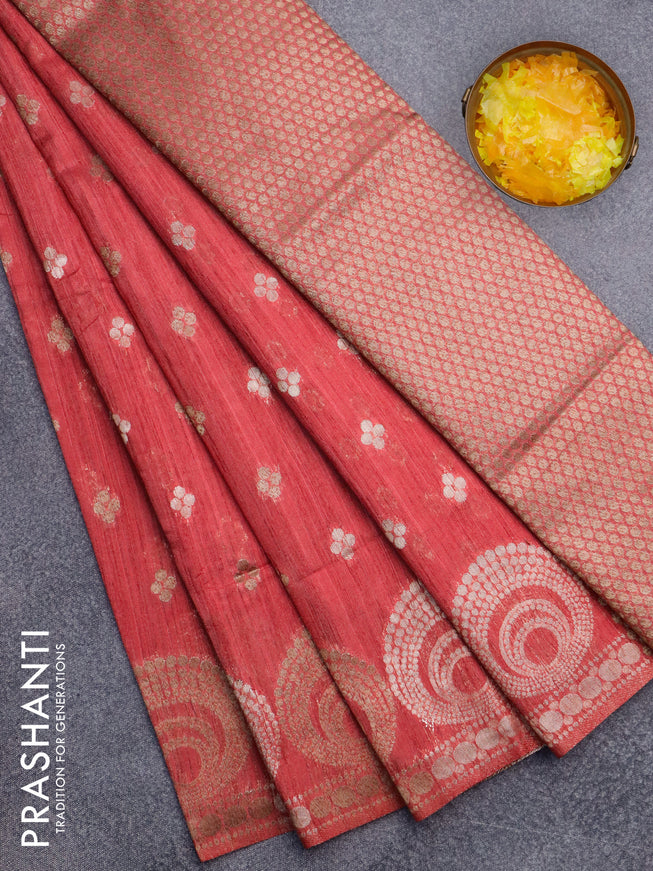 Banarasi semi matka silk saree peach red shade with allover zari woven geometric buttas and zari woven border