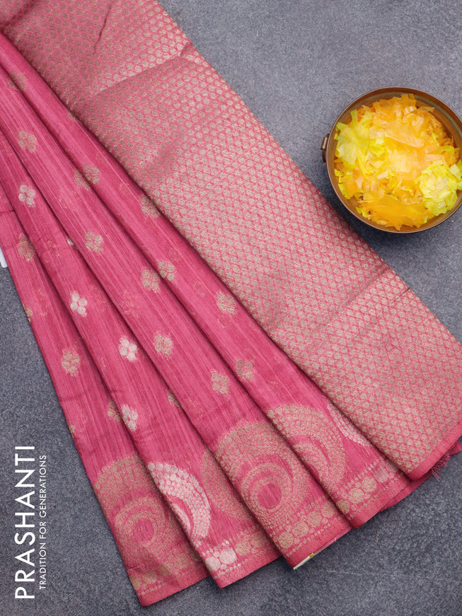 Banarasi semi matka silk saree pink shade with allover zari woven geometric buttas and zari woven border