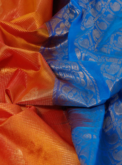 Kuppadam silk cotton saree dual shade of mustard and cs blue with allover zari weaves & buttas and temple design zari woven border