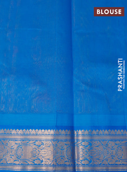 Kuppadam silk cotton saree dual shade of mustard and cs blue with allover zari weaves & buttas and temple design zari woven border