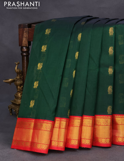 Kuppadam silk cotton saree dark green and red with annam zari woven buttas and zari woven border