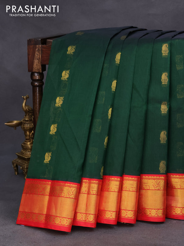 Kuppadam silk cotton saree dark green and red with annam zari woven buttas and zari woven border