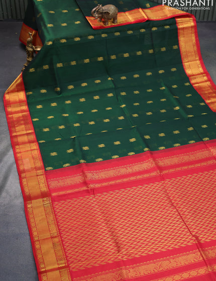 Kuppadam silk cotton saree dark green and red with annam zari woven buttas and zari woven border