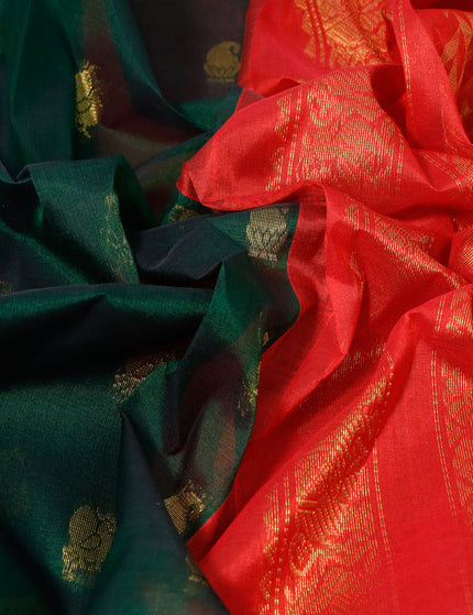 Kuppadam silk cotton saree dark green and red with annam zari woven buttas and zari woven border