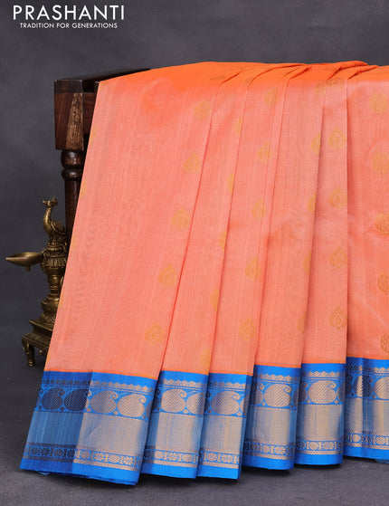 Kuppadam silk cotton saree peach orange and cs blue with annam zari woven buttas and paisley zari woven border