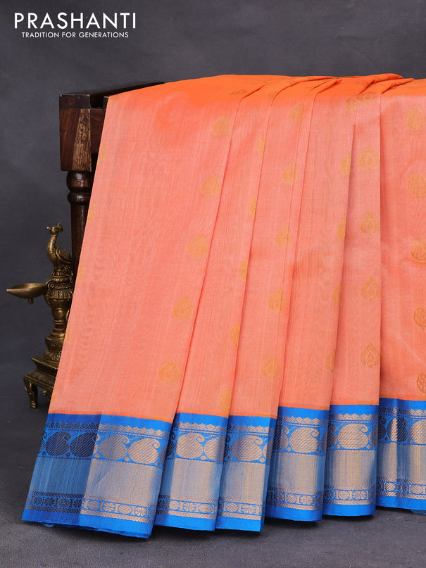 Kuppadam silk cotton saree peach orange and cs blue with annam zari woven buttas and paisley zari woven border