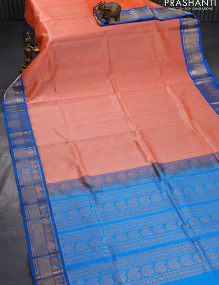 Kuppadam silk cotton saree peach orange and cs blue with annam zari woven buttas and paisley zari woven border