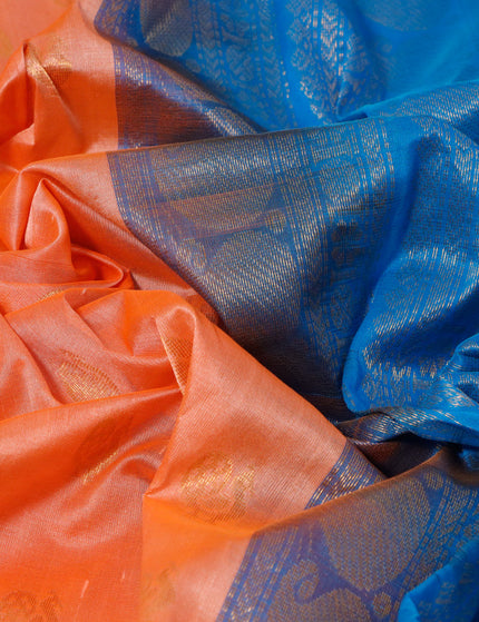 Kuppadam silk cotton saree peach orange and cs blue with annam zari woven buttas and paisley zari woven border