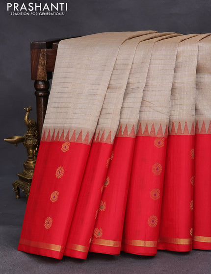 Kuppadam silk cotton saree beige and red with allover checked pattern and long rich annam zari woven border