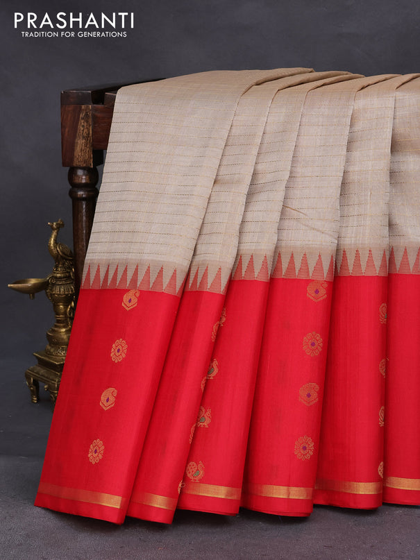 Kuppadam silk cotton saree beige and red with allover checked pattern and long rich annam zari woven border