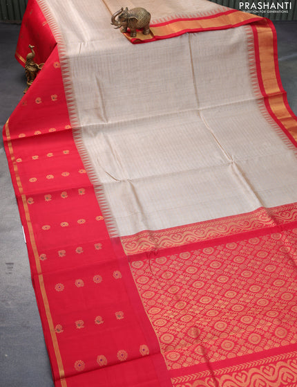 Kuppadam silk cotton saree beige and red with allover checked pattern and long rich annam zari woven border