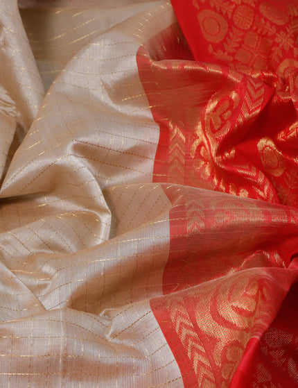 Kuppadam silk cotton saree beige and red with allover checked pattern and long rich annam zari woven border