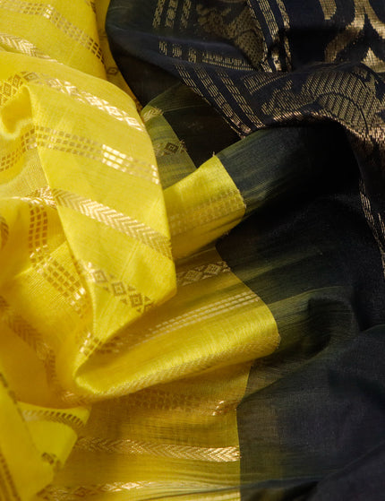 Kuppadam silk cotton saree lime yellow and black with allover zari weaves and long rich annam zari woven border