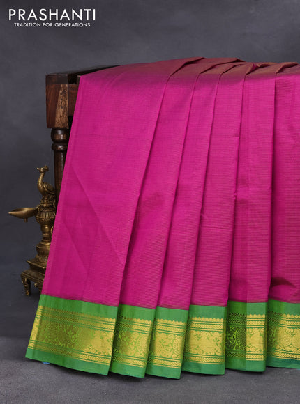 Silk cotton saree magenta pink and light green with allover vairaosi pattern and zari woven korvai border