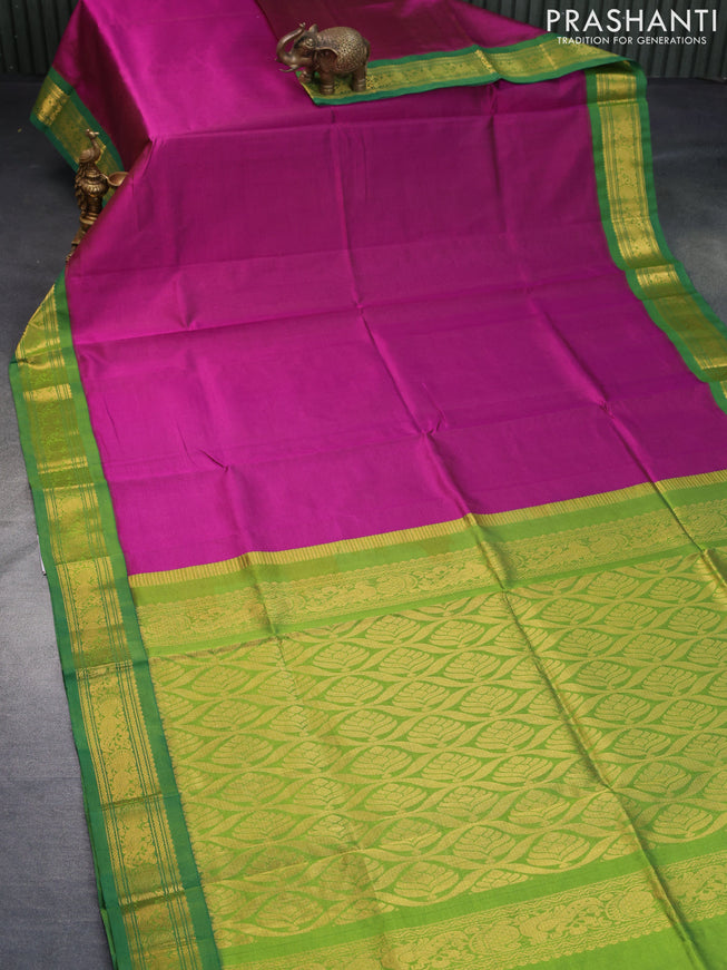 Silk cotton saree magenta pink and light green with allover vairaosi pattern and zari woven korvai border