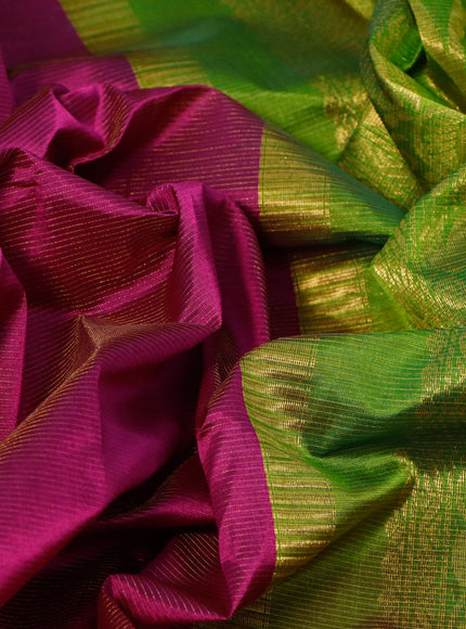 Silk cotton saree magenta pink and light green with allover vairaosi pattern and zari woven korvai border