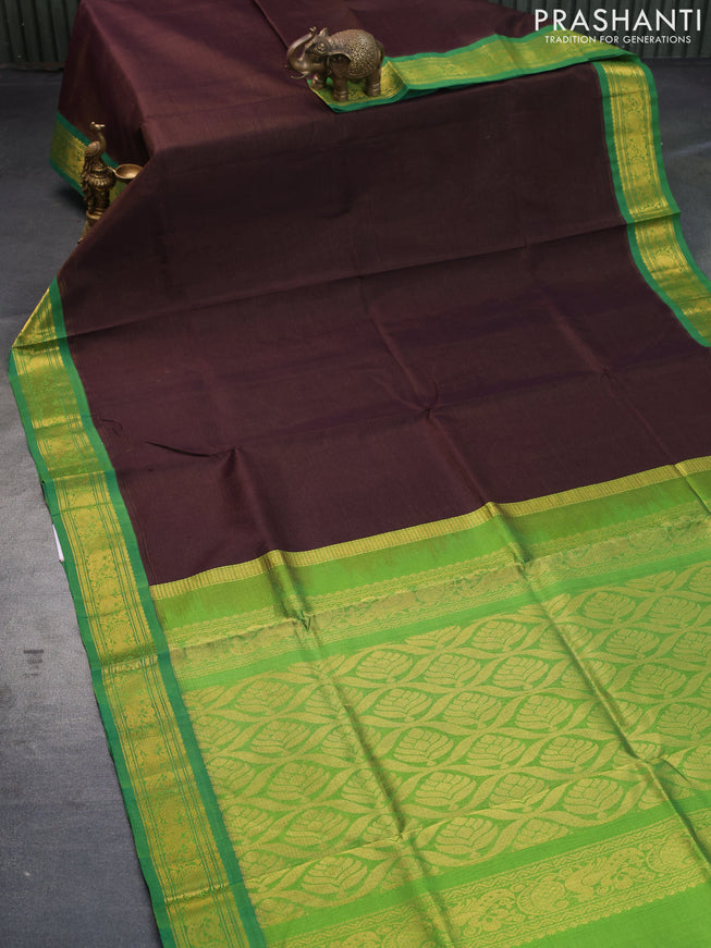 Silk cotton saree coffee brown and light green with allover vairaosi pattern and zari woven korvai border