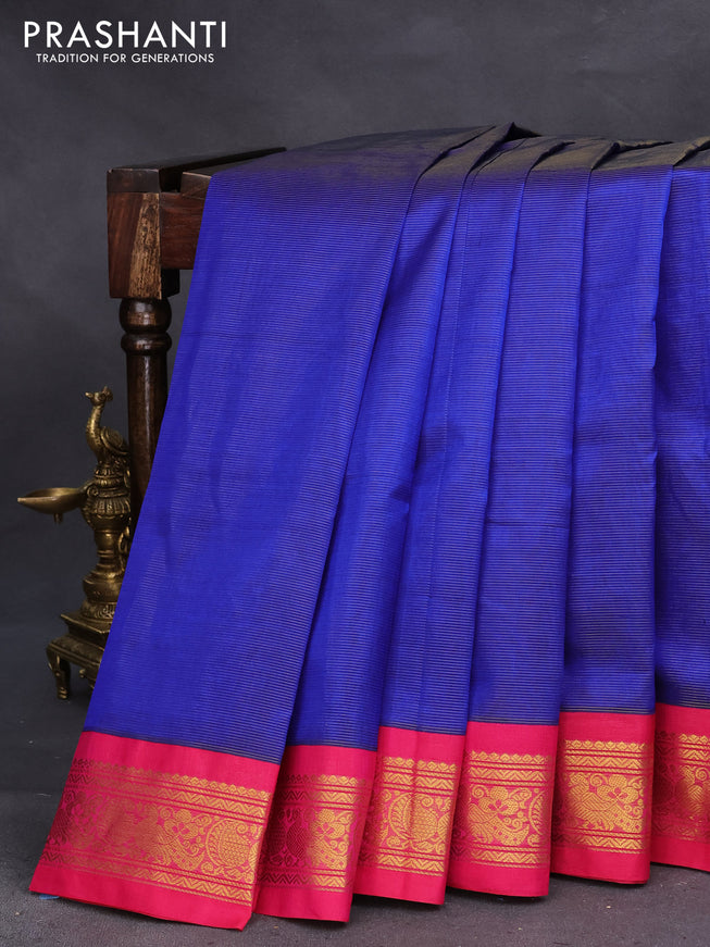 Silk cotton saree blue and pink with allover vairaosi pattern and zari woven korvai border