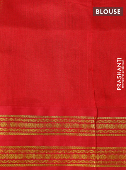 Silk cotton saree light green and red with plain body and zari woven korvai border