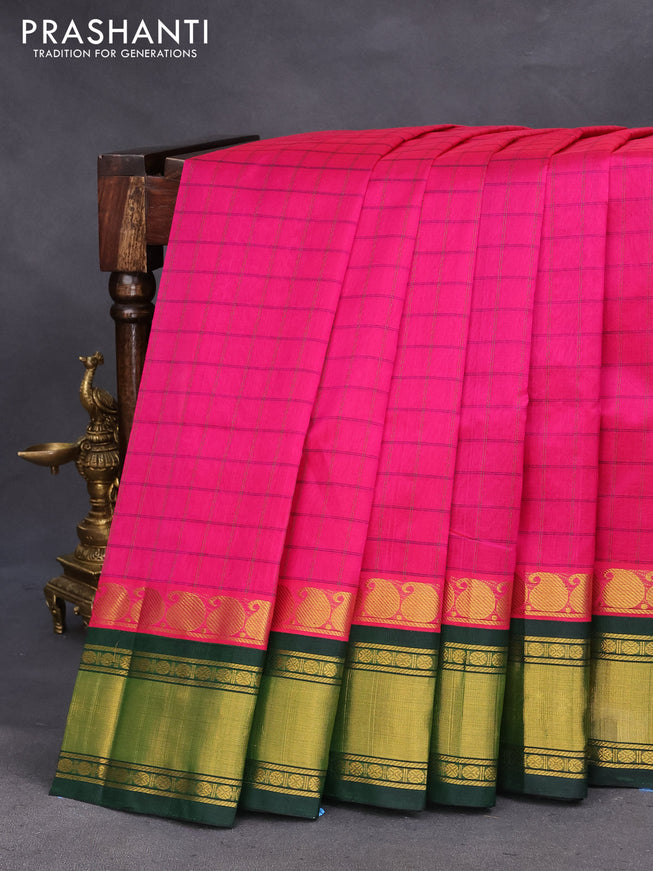 Silk cotton saree pink and green with allover thread woven checked patten  and paisley zari woven korvai border