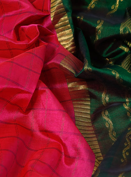 Silk cotton saree pink and green with allover thread woven checked patten  and paisley zari woven korvai border